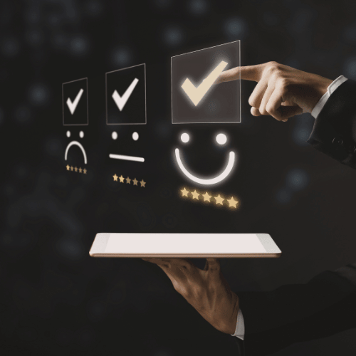 Person taps a glowing approval icon on a tablet, with a large smiley face and check marks above star ratings, signaling high customer satisfaction.